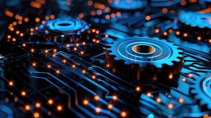 Digital gear wheels meshed on a circuit board signify high-tech engineering innovation, Ai Generated.