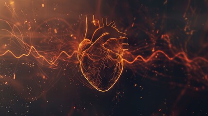 Human heart with cardio pulse line on dark background, Concept of healthcare and cardiology. Ai Generated