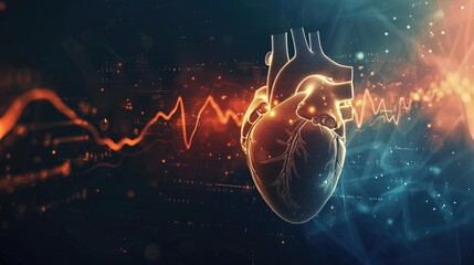 Human heart with cardio pulse line on dark background, Concept of healthcare and cardiology. Ai Generated