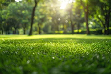 Naklejka premium Nature's Haven: A Verdant Green Field with Majestic Trees in the Distance.