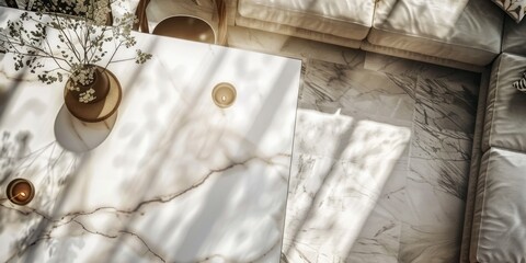 Elegant Simplicity: A White Marble Coffee Table Adorned with a Vase of Fresh Flowers.