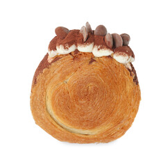 Round croissant with chocolate chips and cream isolated on white. Tasty puff pastry