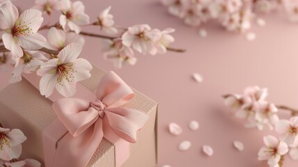 Petite elegant gift box with delicate pale pink ribbon adorned with sakura flowers on soft pink backdrop. Ai Generated