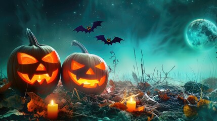 Naklejka premium Spooky Halloween pumpkins illuminated in the night. Jack-o'-lanterns against moonlit Halloween backdrop. Ai Generated