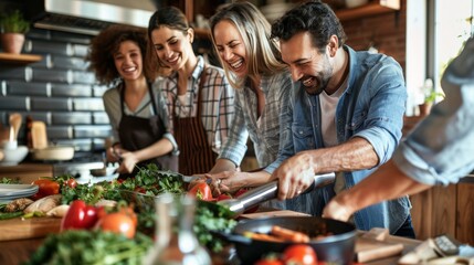 Content Hispanic family sharing laughter and stories while cooking