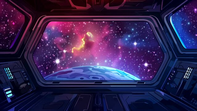 Animated background of space view from spaceship window. looping time-lapse video