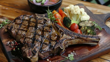 freshly grilled T bone steak with vegetables 