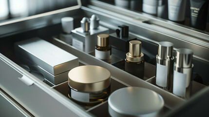 Streamlined cosmetic storage box filled with various high-end skincare products
