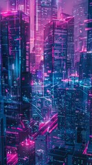 Violet Nocturne: A Lustrous Cityscape with Neon Lights Set against a Purple Sky.