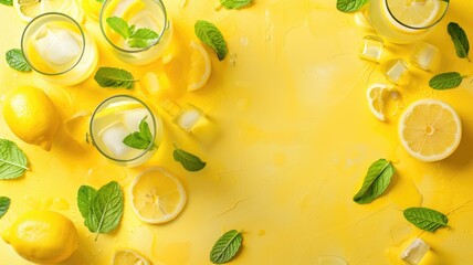 Fresh lemonade with mint on yellow background