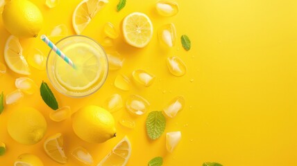 Overhead view of fresh lemons, mint, and glass lemonade with straw on yellow background