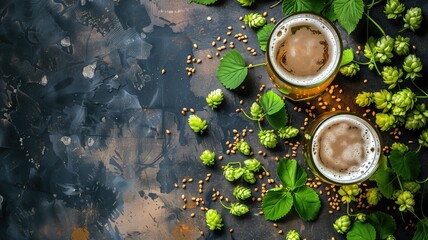 Two glasses of beer with foam atop rustic table surrounded by scattered hops and barley