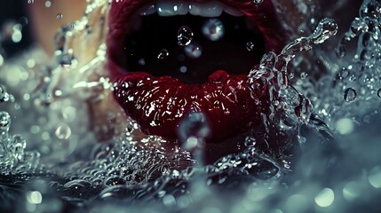 Woman's mouth with red lips and water dripping from it
