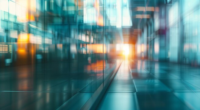 Large blurred glass wall of modern building business office in city with blue light and yellow sun ray highlights background. Generative AI