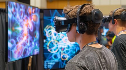 A virtual reality exhibit at a science fair showcasing the potential applications of studying virtual particles.