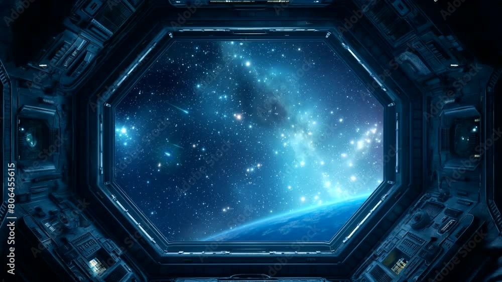 Wall mural animated background of space view from spaceship window. looping time-lapse video
