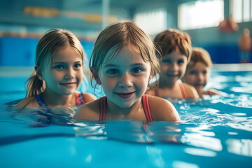 Obraz premium Group of happy kids learning swimming in indoor summer pool. Happy children kids group at swimming pool class learning to swim