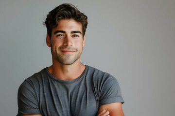 casual portrait from the shoulders up of a handsome man with dark wavy hair