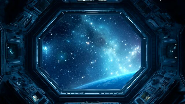 Animated background of space view from spaceship window. looping time-lapse video