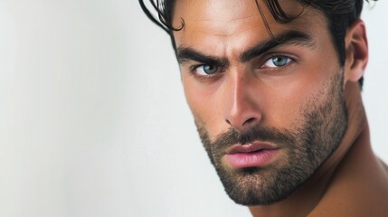 Naklejka premium close up of a handsome man with dark eyebrows and stubble and a white background