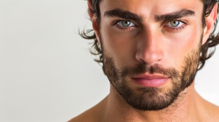 Obraz premium studio portrait of a male model close-up beard and white backgrouud