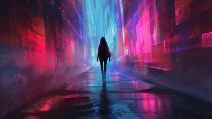 Mysterious silhouette in neon cityscape