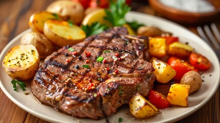 Grilled steak with baked potatoes and vegetables 
