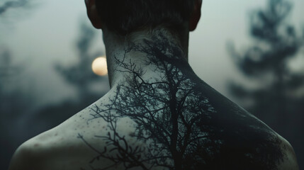 Mystical forest tattoo on human back at sunset