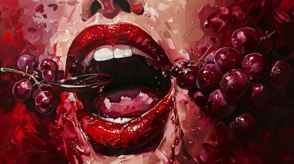 Artistic depiction of luscious lips tasting fresh cherries, painted in vivid red tones