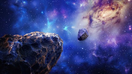 Fototapeta premium Comet streaks through the cosmos, contrasting against a nebula's ethereal backdrop. Ai Generated