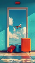 Travel Vacation Concept with Airplane, Suitcases, and Blue Background