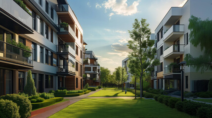 New modern apartment buildings, landscape design and urbanization.