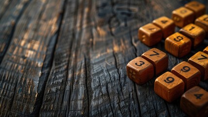Wooden numeric cubes on textured dark wood surface, with scattered arrangement