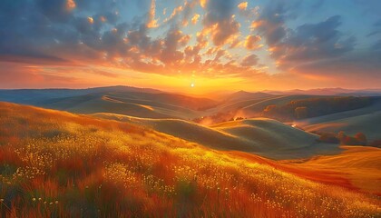 Rolling hills ablaze with the colors of autumn, stretching beneath a vibrant sunset sky