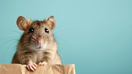 Brown rat peeking out from paper bag against blue background