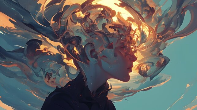 Person with head exploding in flames. Mental health with anger and stress in cartoon style.