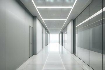Long corridor with glass reflection wall and ceiling lights