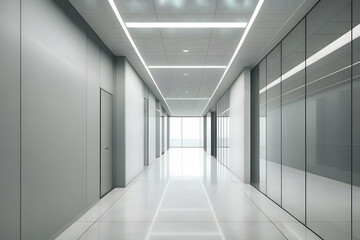 Obraz premium Long corridor with glass reflection wall and ceiling lights