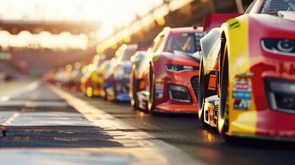 Row of stock cars on track ready for race, with focus first car