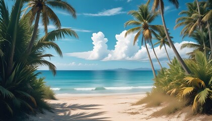 A tropical beach scene with palm trees, and a calm ocean under a blue sky with fluffy white clouds