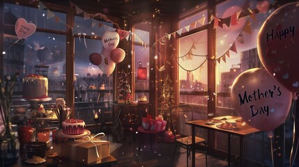 Festive Scene for Mother's Day with Colorful Gifts, Flowers, and Confetti Filling the Room, Celebrating the Special Bond between Mothers and Their Children