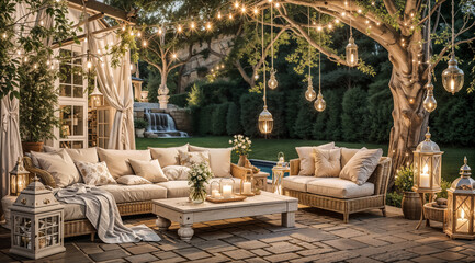 Luxury Patio Design. Elegant Outdoor Furniture, String Lights & Landscaped Garden. Romantic Garden Setting.