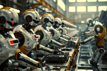 Fototapeta premium Robot aiding workers on a factory assembly line, enhancing efficiency and precision in manufacturing operations for streamlined production.