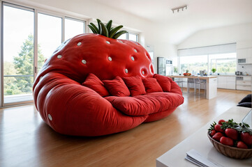 Large red sofa designed to look like strawberry, placed in middle of large room with hardwood floors and kitchen area.