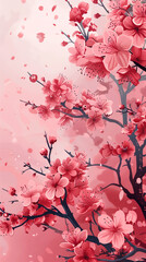 Pink painting of cherry blossoms on tree branch against pink sky.