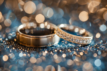 Close-up of two golden wedding rings on sparkling background with bokeh.