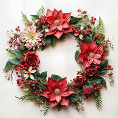Paper wreath featuring red and white flowers, greenery, and red berries.