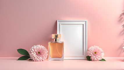 A bottle of perfume is displayed in front of a white frame