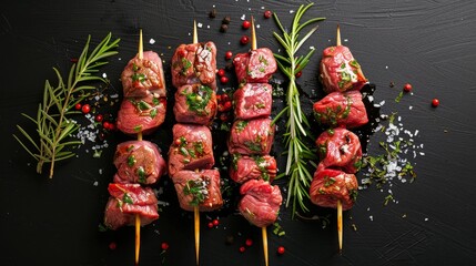 Shashlik raw beef veal shish kebab, Meat with herbs on Skewers. Black background. Top view