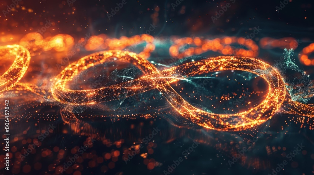 Poster an infinity symbol made of shimmering threads representing the neverending and boundless nature of q